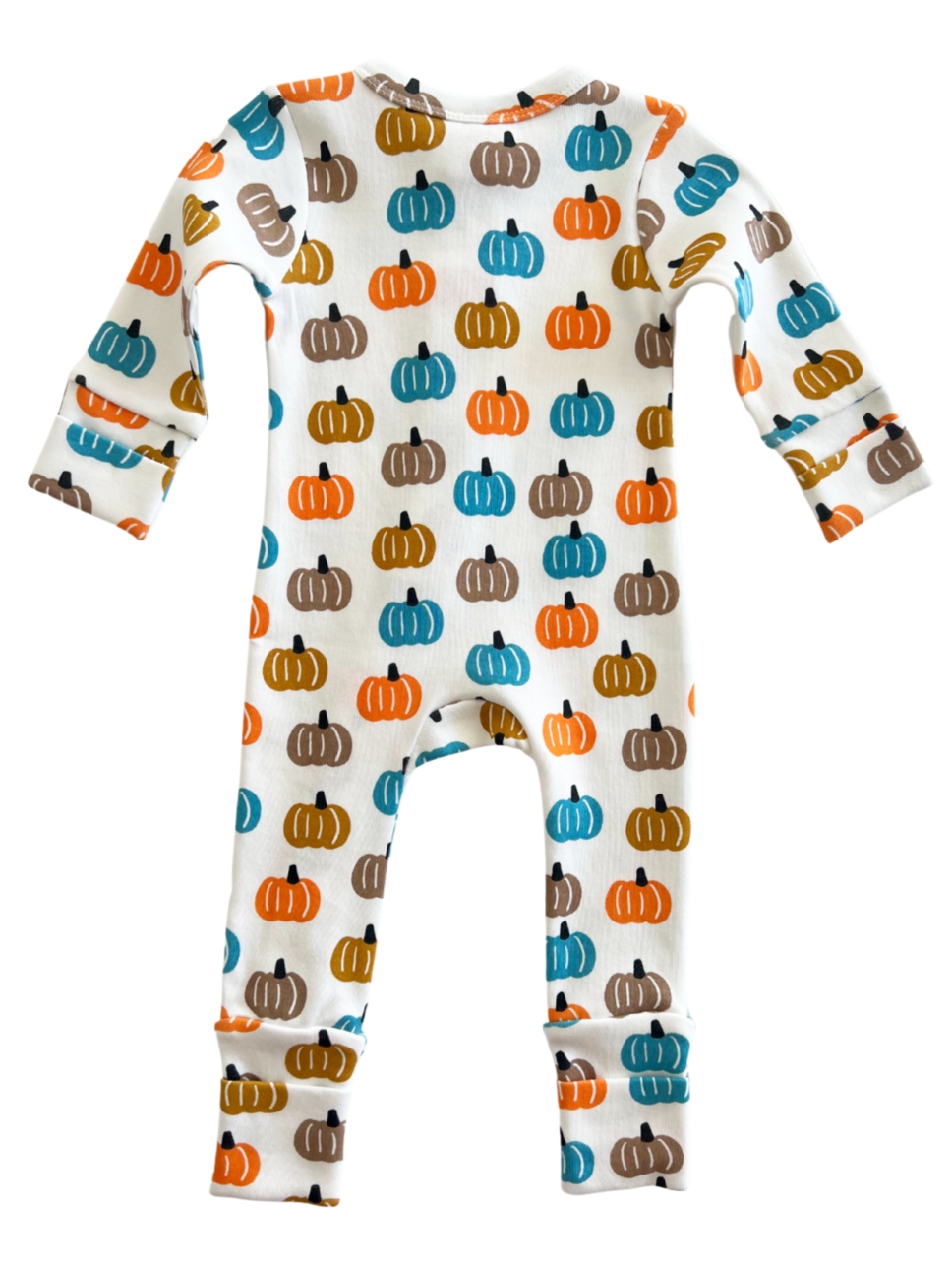 White infant onesie with colorful pumpkin patterns in orange, blue, brown, and green.