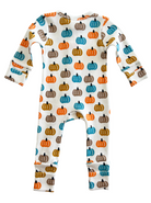 White infant onesie with colorful pumpkin patterns in orange, blue, brown, and green.