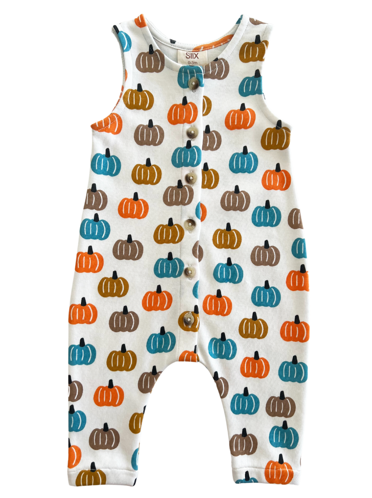 Infant romper featuring colorful pumpkin patterns, perfect for autumn. Soft fabric with button closures.