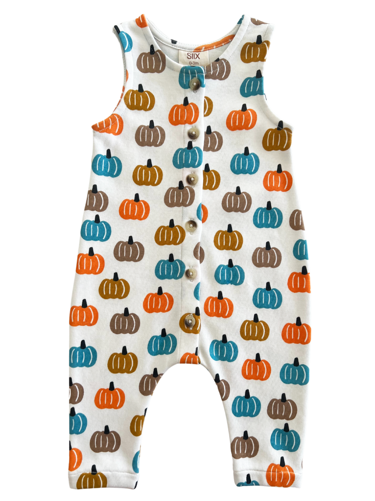 Infant romper featuring colorful pumpkin patterns, perfect for autumn. Soft fabric with button closures.