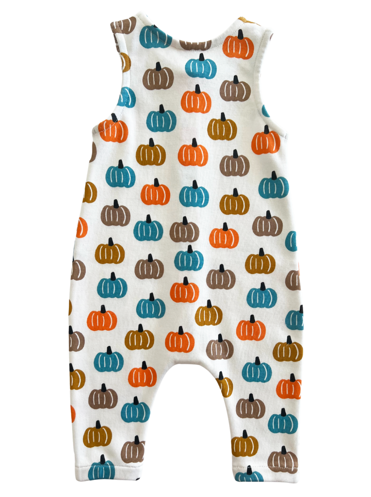 Toddler romper featuring a colorful pumpkin pattern on a white background.