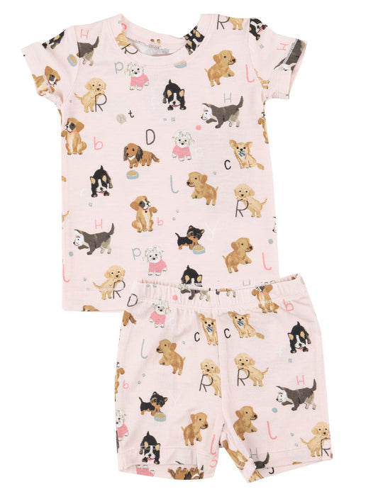2-Piece Short Loungewear Set, Puppy Alphabet Pink