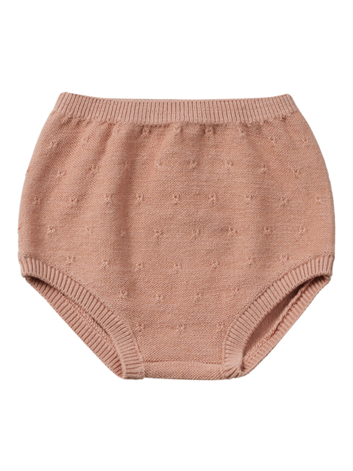 Light pink knitted baby bloomers with a textured pattern and elastic waistband.
