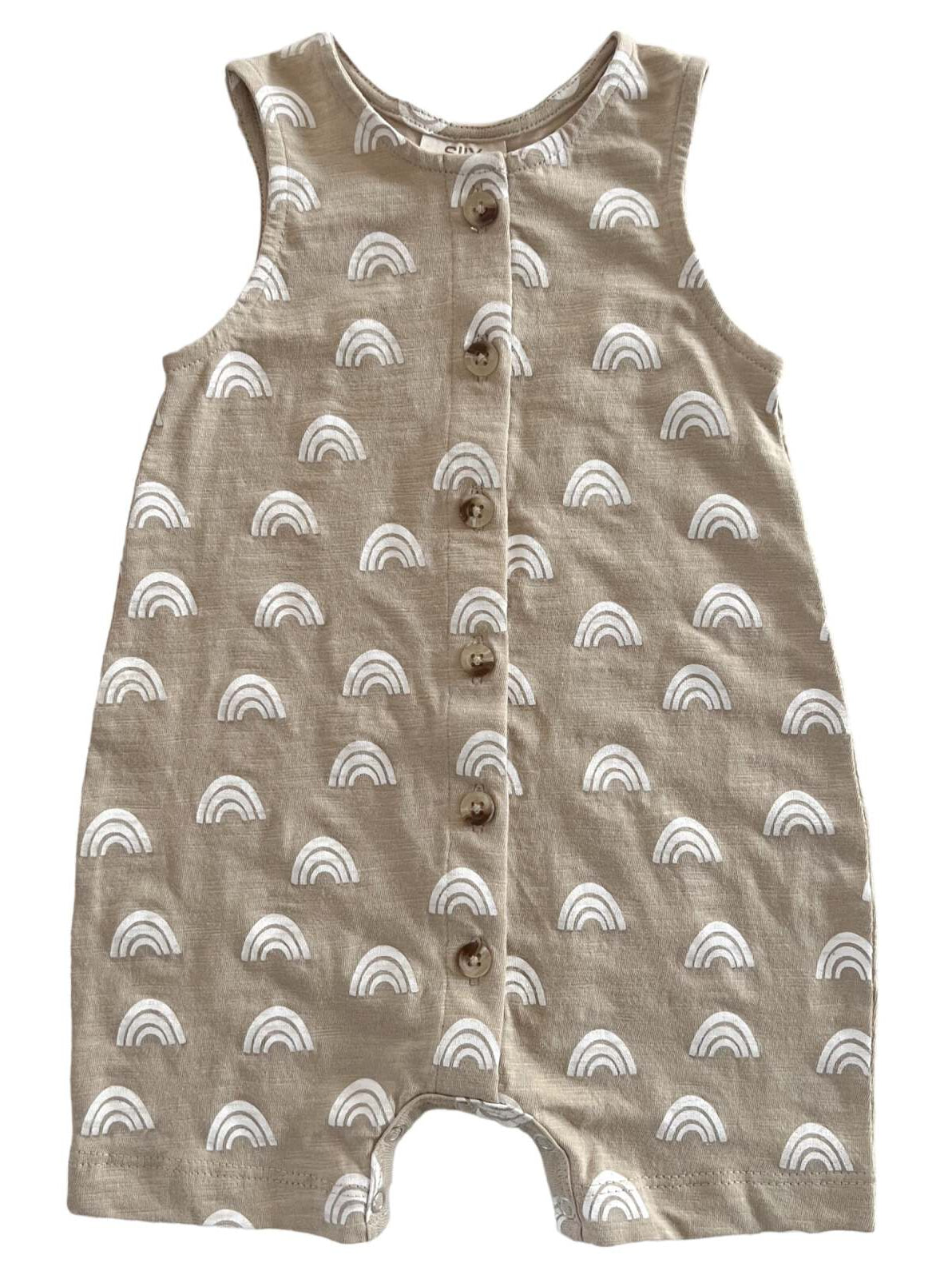 Tan baby romper with white rainbow patterns and five buttons down the front.