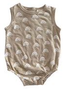 Beige baby onesie with white rainbow patterns, perfect for warm-weather wear and playful outfits.