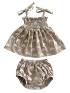 Beige girls' outfit with rainbow print, including a sleeveless top and matching bloomers.
