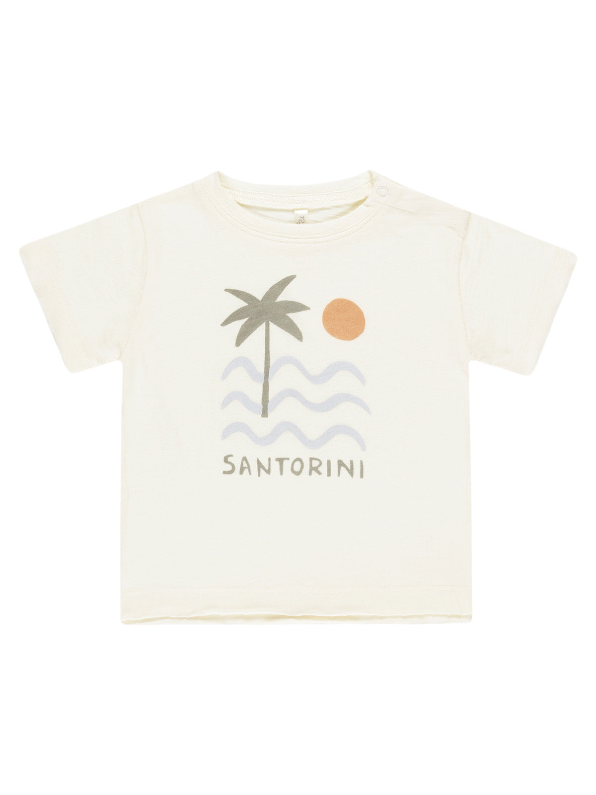 Light cream t-shirt with palm tree graphic, waves, sun, and the word "Santorini" printed below.