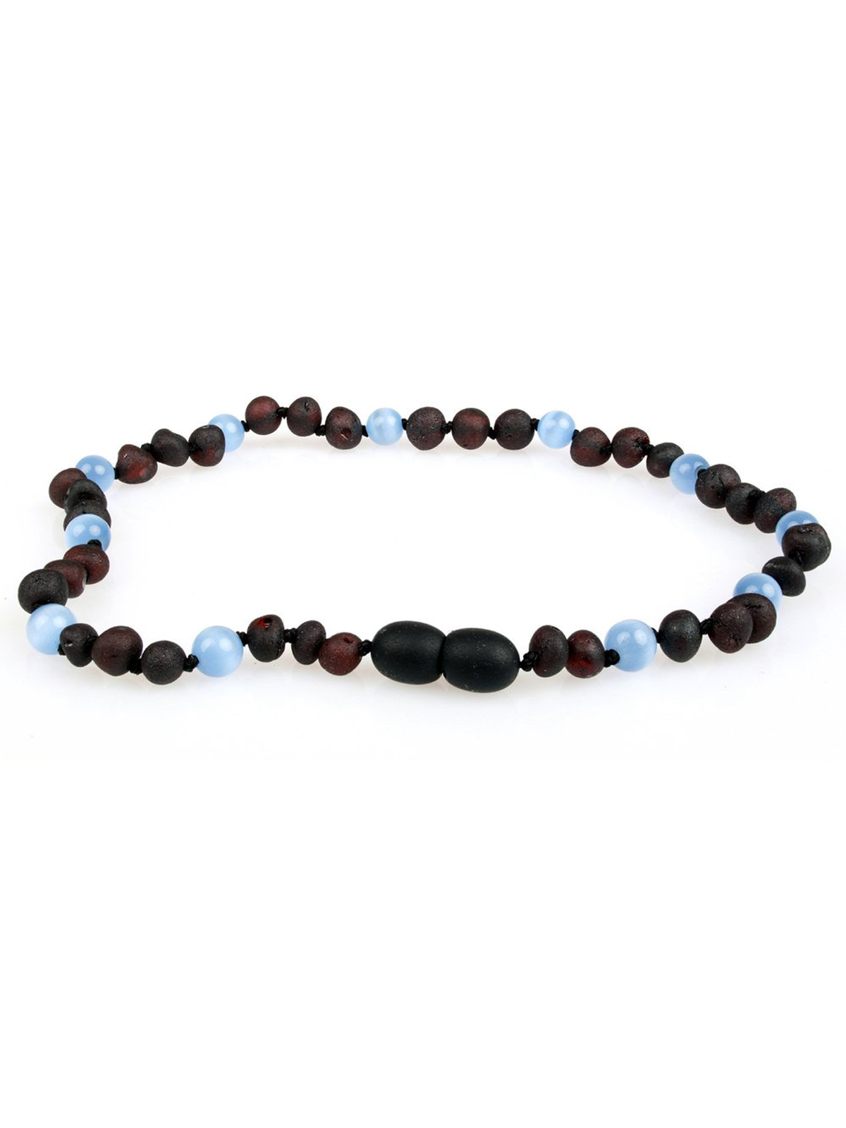 Colorful beaded necklace featuring red, blue, and black beads on a white background.