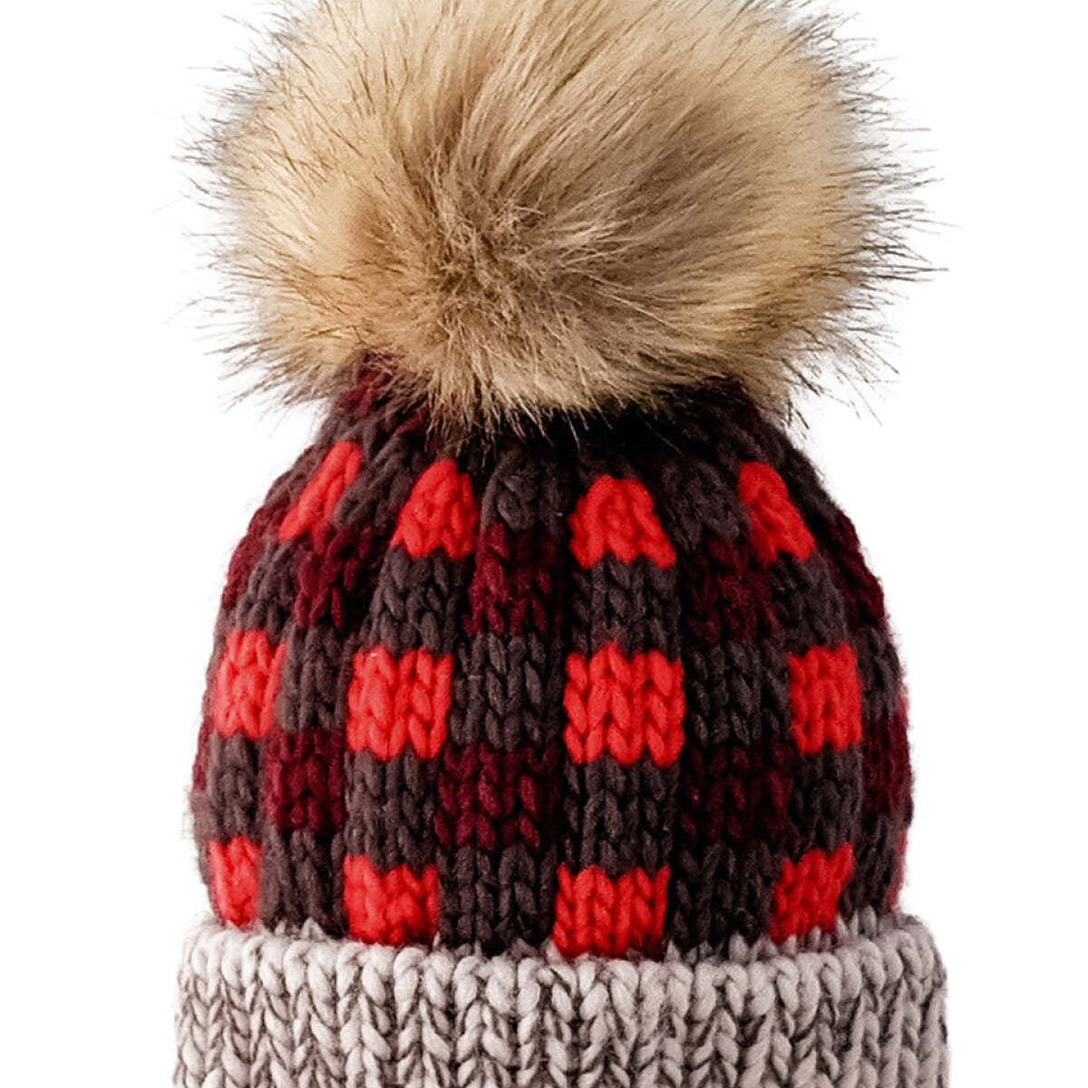 FRYE Marbled Cuff Pompom Beanie Hat Multicolor Red Knit Fur Après-ski Red Buffalo Check Fur Pom Hat – SpearmintLOVE main image 4