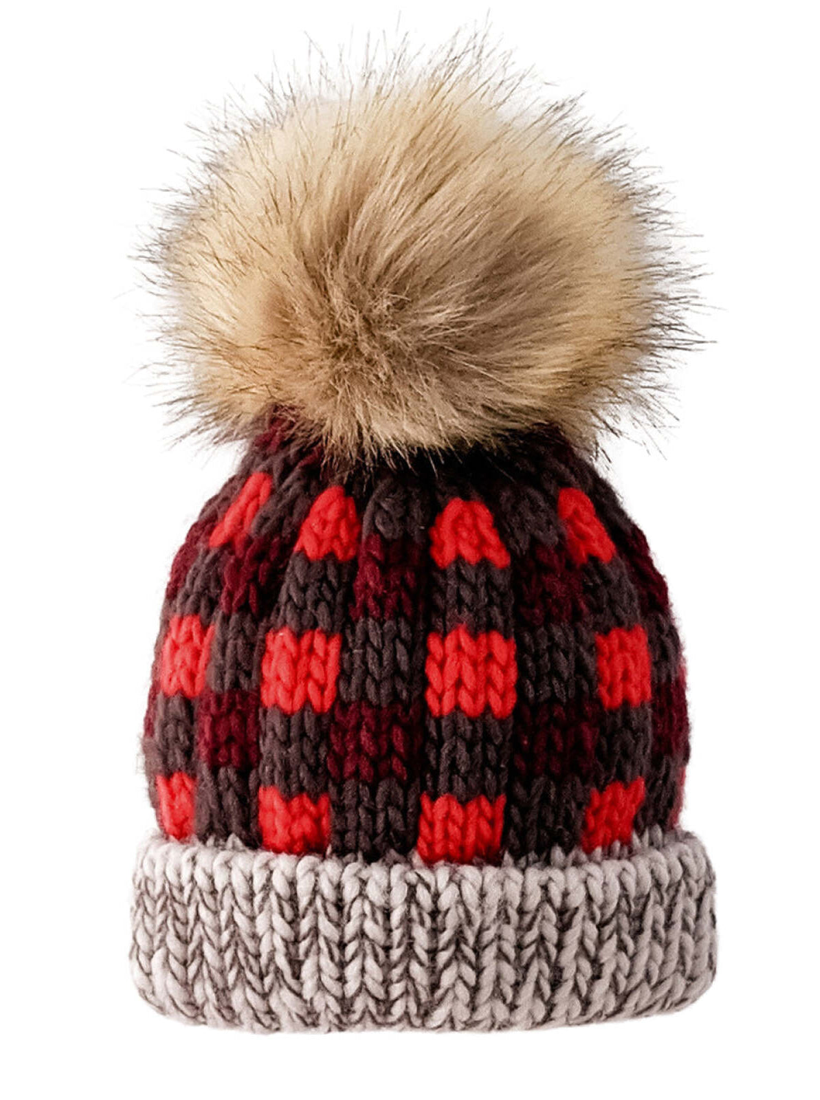 Red and gray knitted beanie with a fur pom-pom on top. Ideal for winter wear.