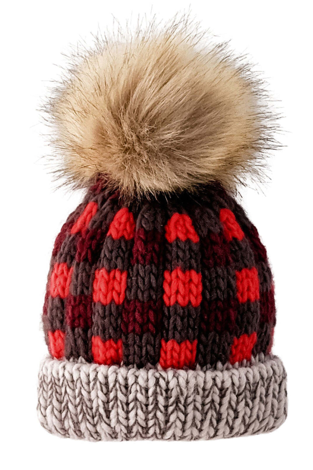 Red and gray knitted beanie with a fur pom-pom on top. Ideal for winter wear.