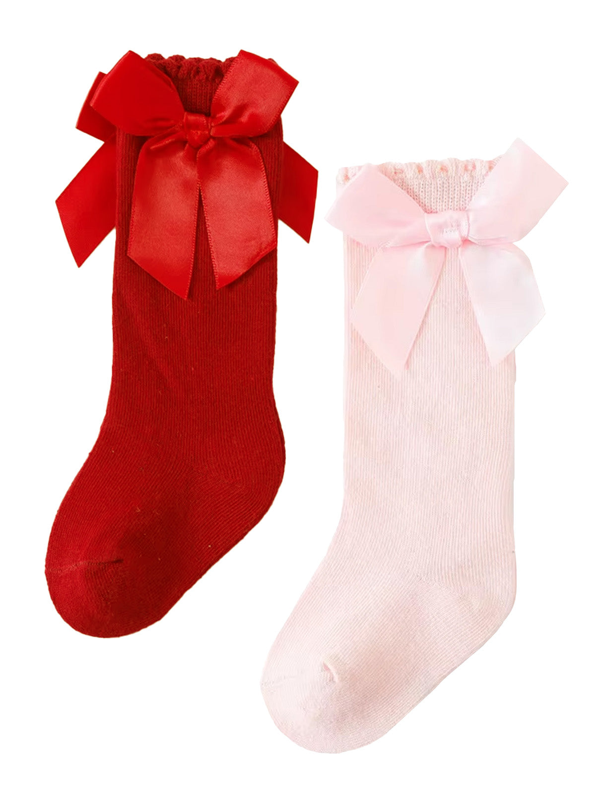 Two pairs of knee-high socks: one red with a large bow and one pink with a smaller bow, both stylish and festive.