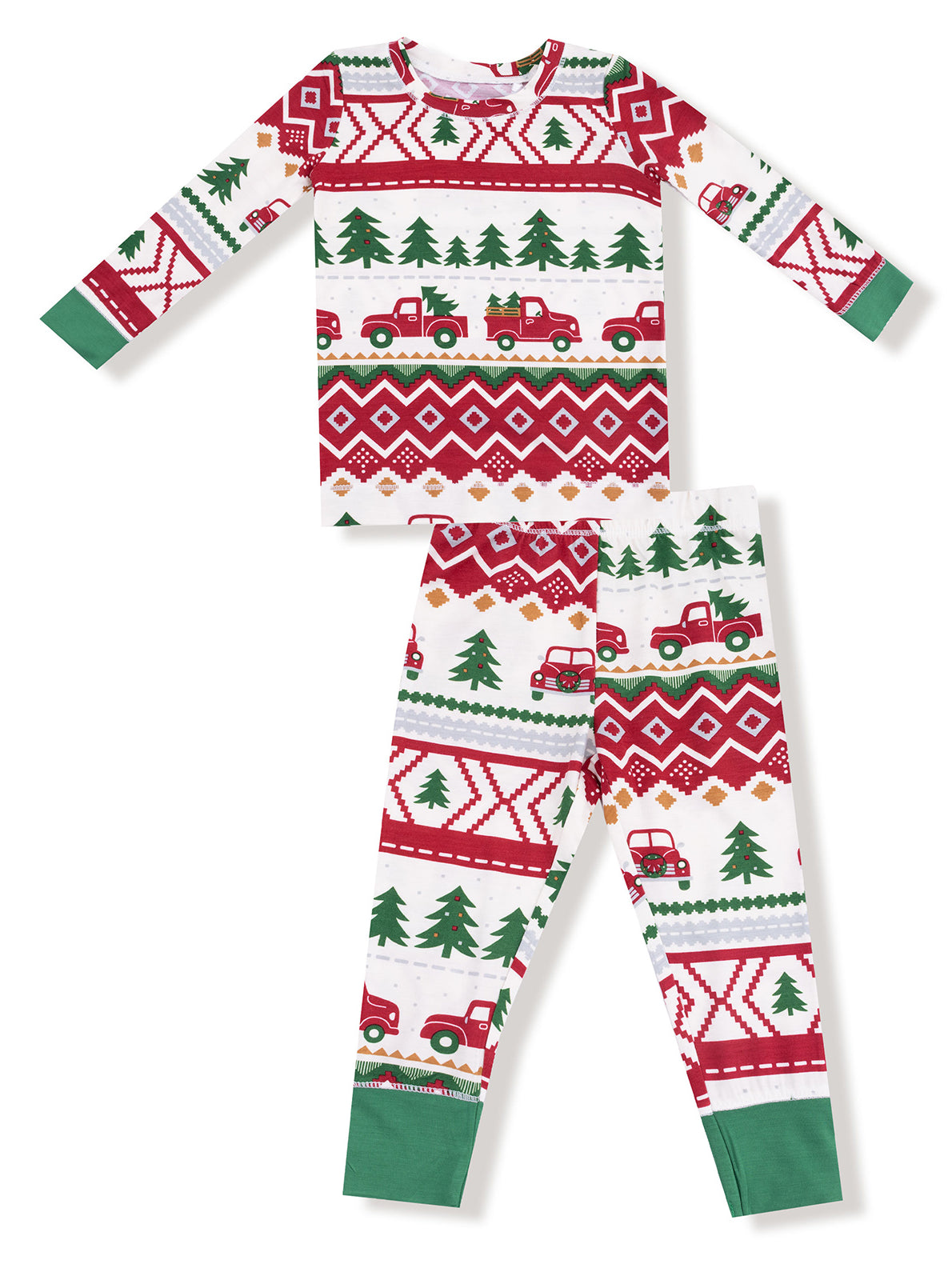 Red and white patterned kids' pajamas featuring Christmas trees and vintage trucks.