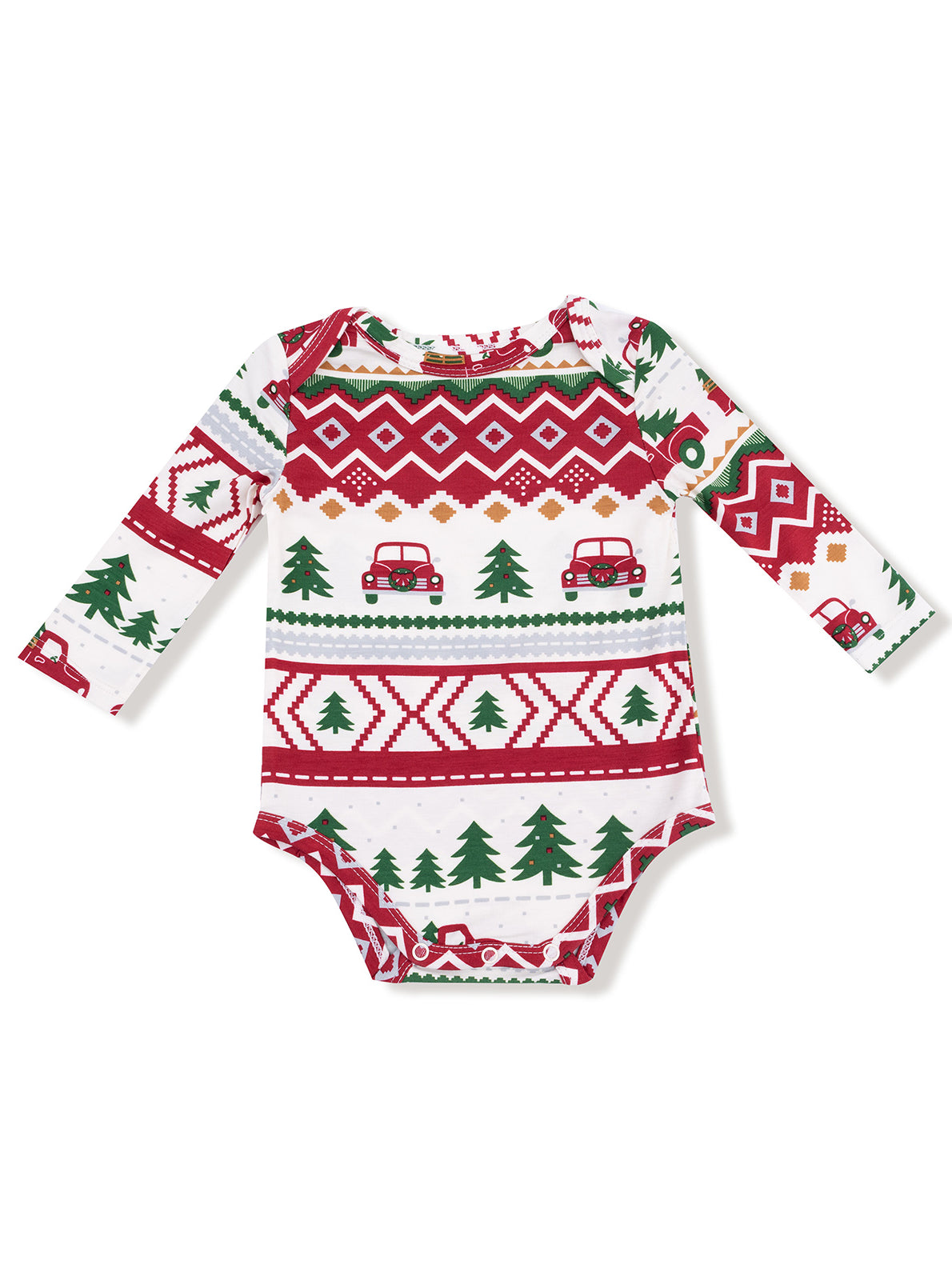Long-sleeve baby bodysuit with a festive red, green, and white holiday print featuring cars and Christmas trees.