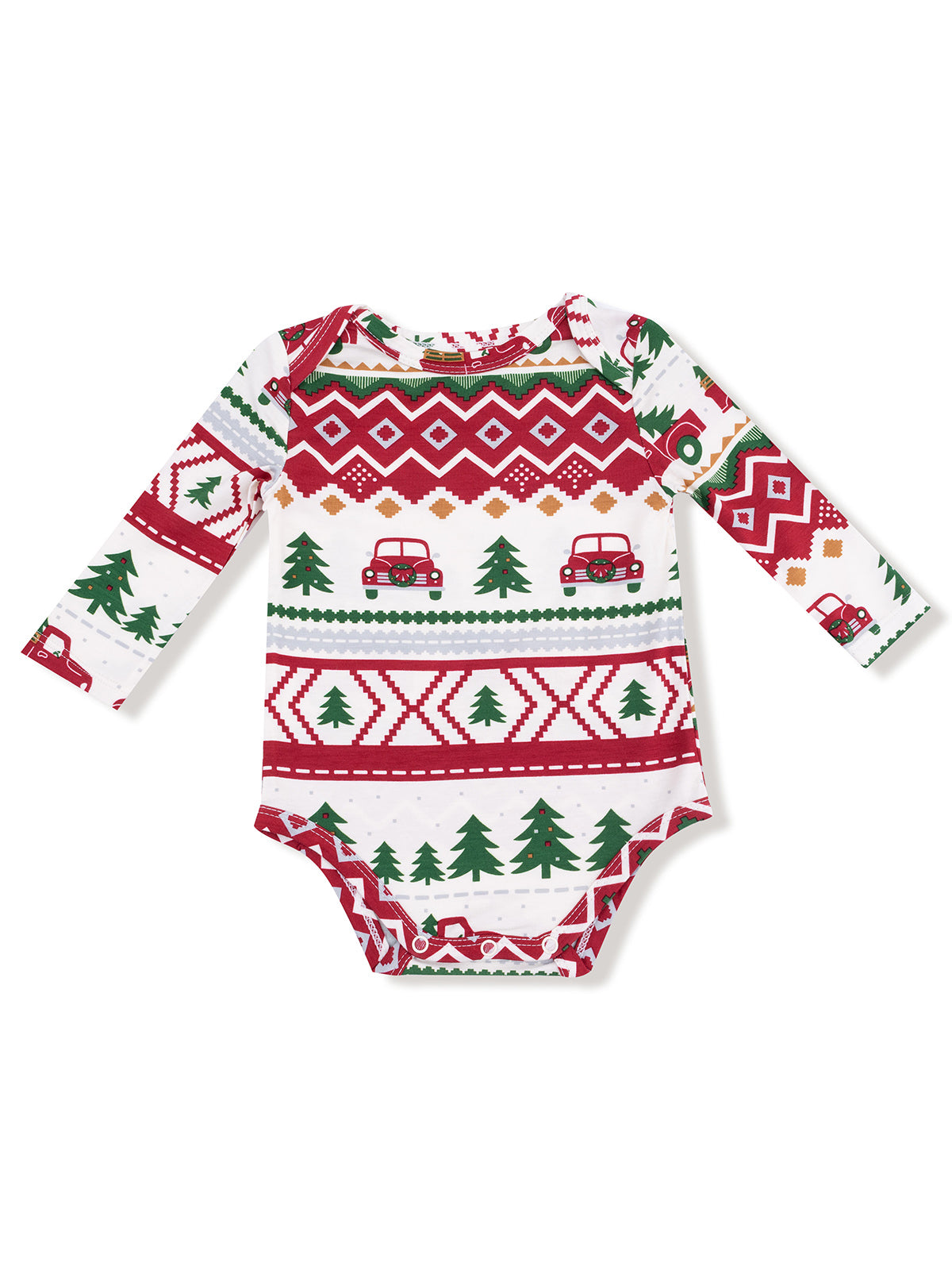 Long-sleeve baby bodysuit with a festive red, green, and white holiday print featuring cars and Christmas trees.