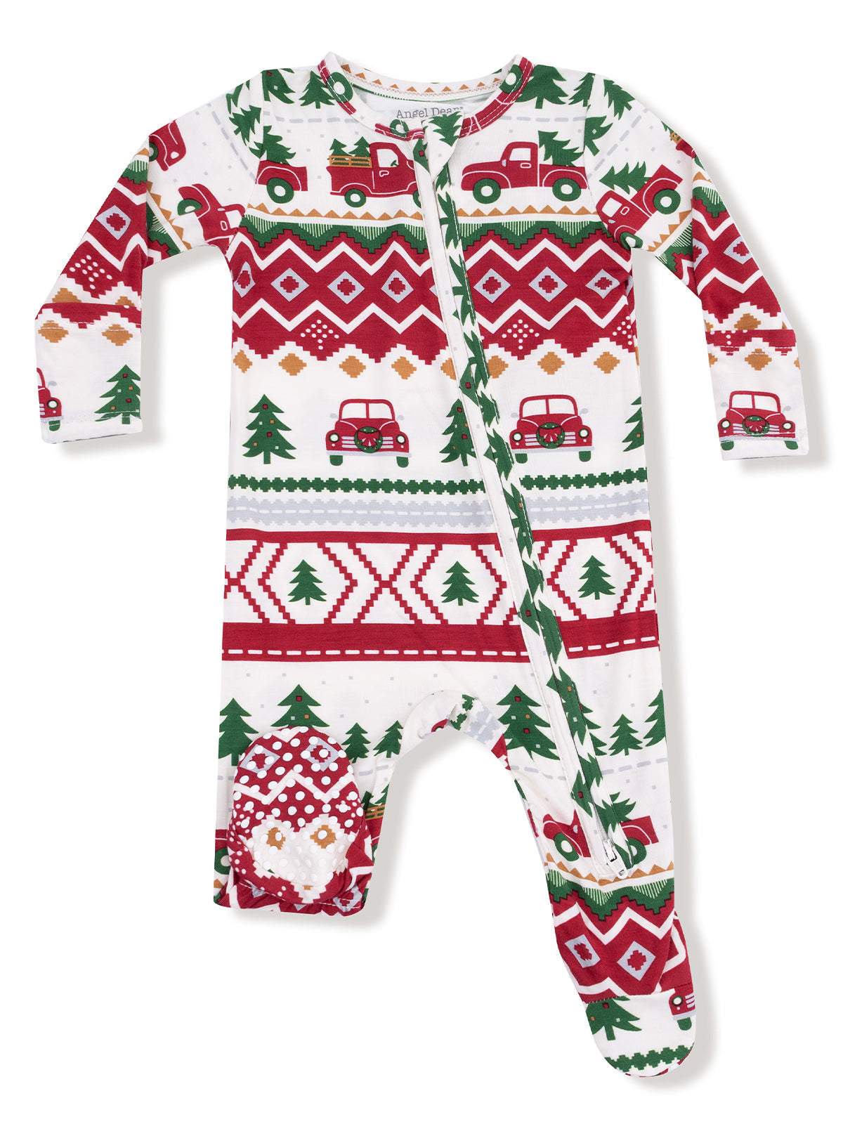 Red and green patterned child's onesie featuring trucks, trees, and festive designs. Perfect for winter holidays.