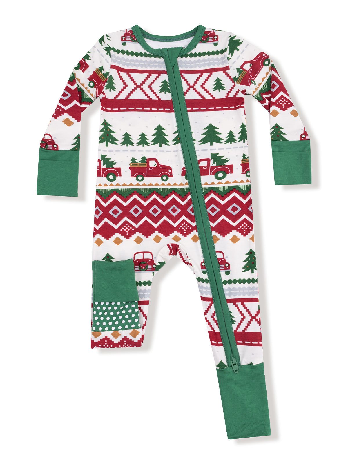 Holiday-themed children's onesie with trucks, trees, and festive patterns in red and green.