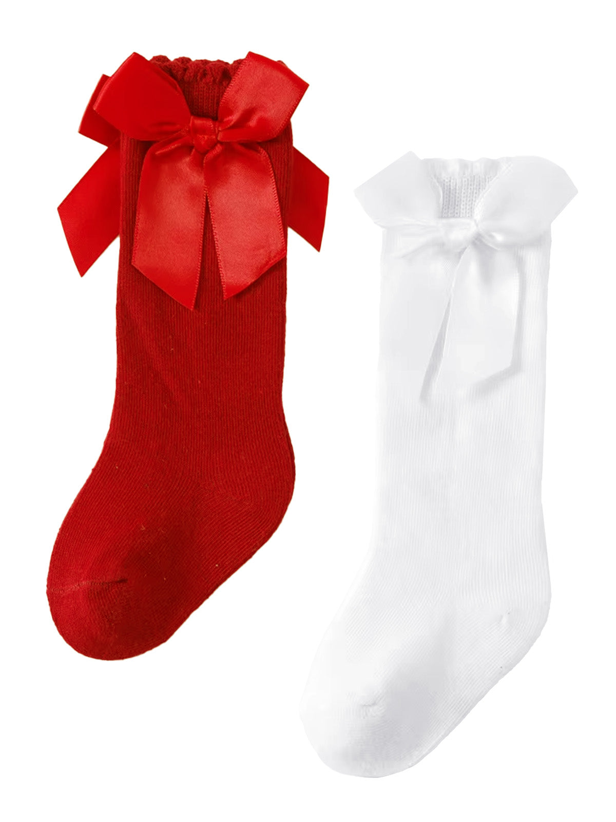 Red and white knee-high socks with large bows at the top.