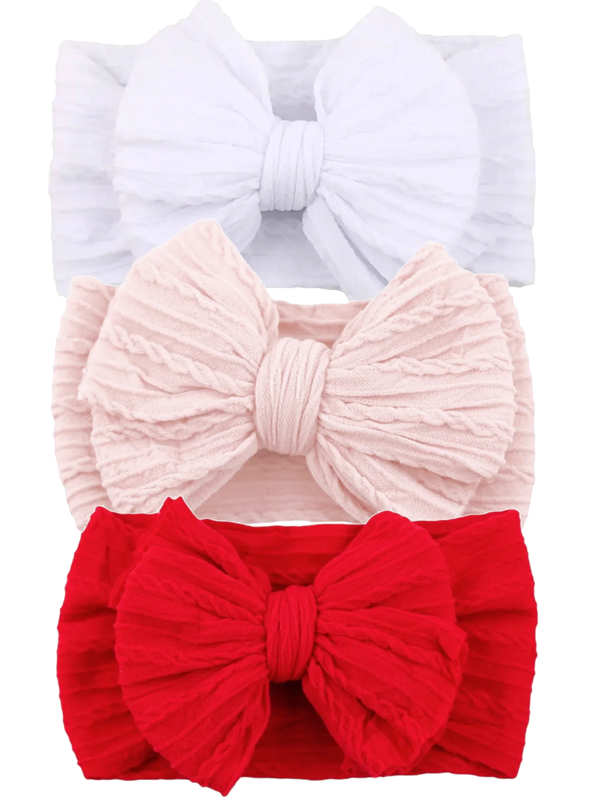 Three textured headbands in white, pink, and red with large bows, perfect for stylish hair accessories.