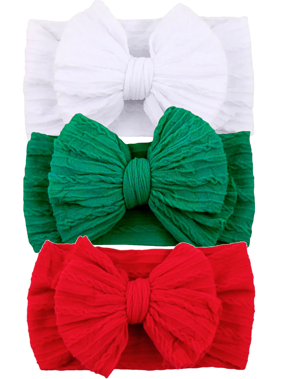 Three textured headbands in white, green, and red, featuring large bows, perfect for festive occasions.