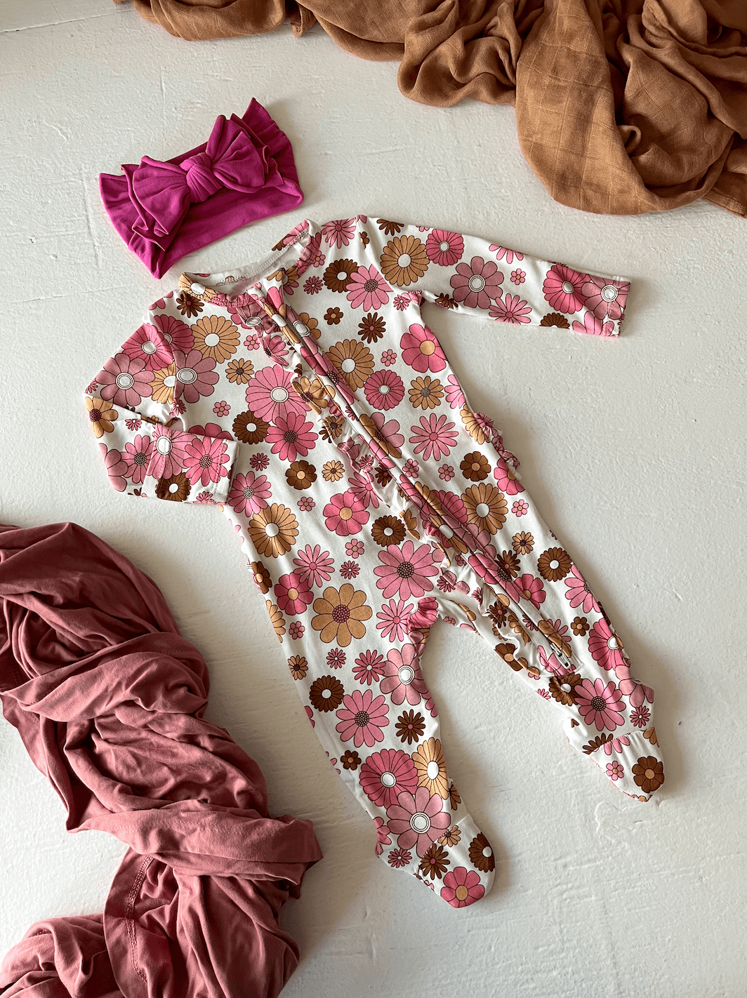 2-Way Zip Ruffle Footie, Pink Retro Floral