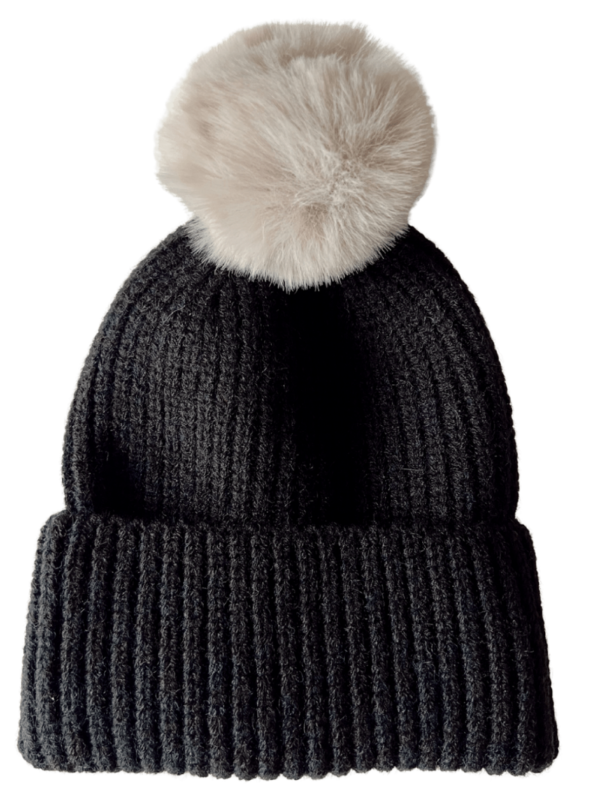 Black knit beanie with a soft, fluffy pom-pom on top, perfect for winter wear.