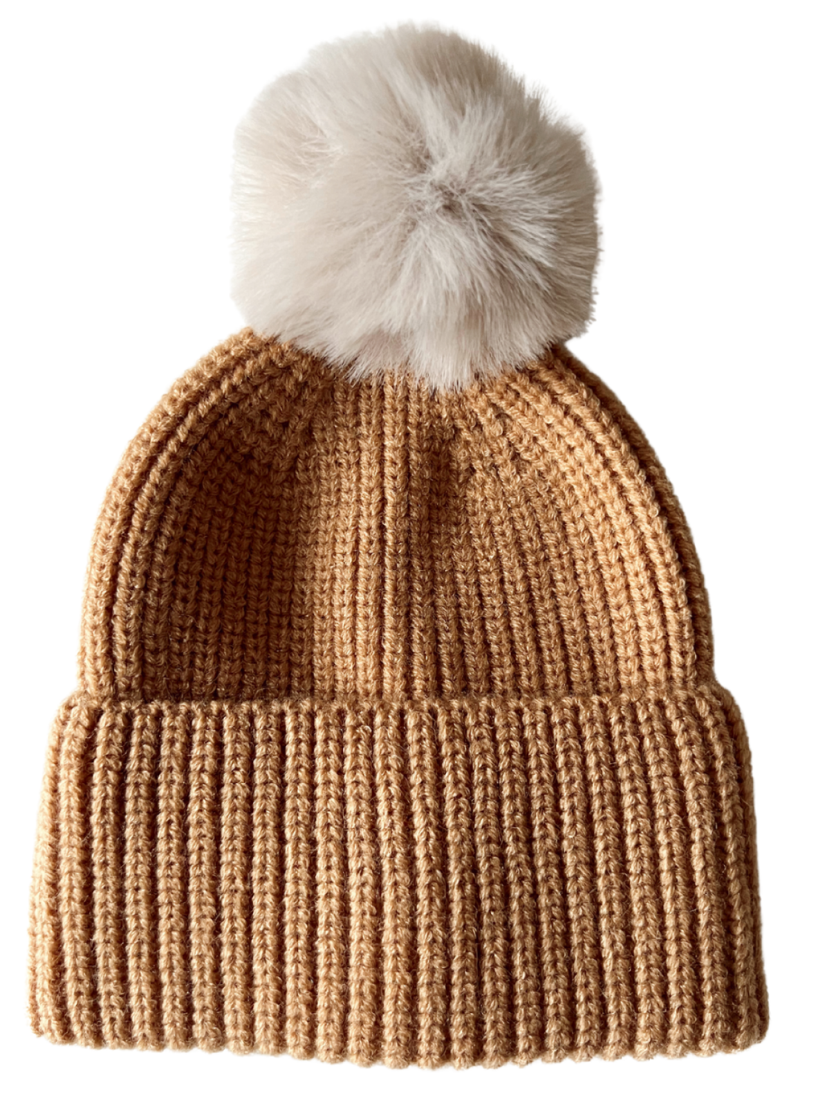 Tan knitted beanie with a fluffy pom-pom on top, designed for warmth and style in colder weather.