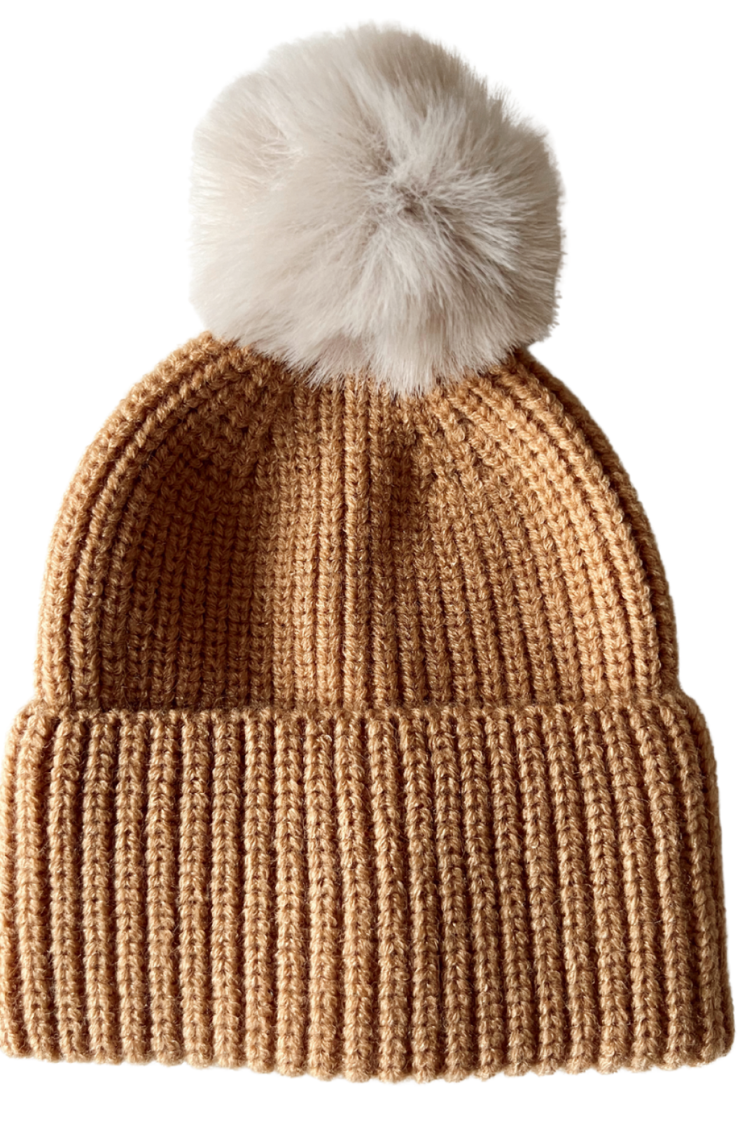 Tan knitted beanie with a fluffy pom-pom on top, designed for warmth and style in colder weather.