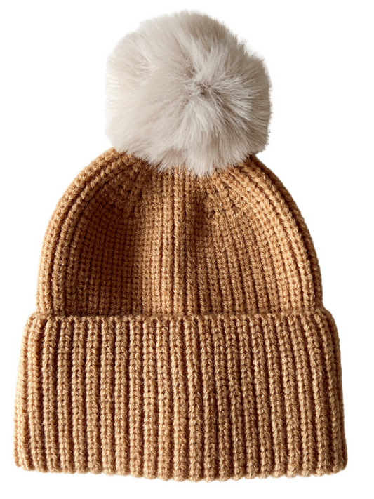 Rib Knit Fur Pom Hat, Rustic