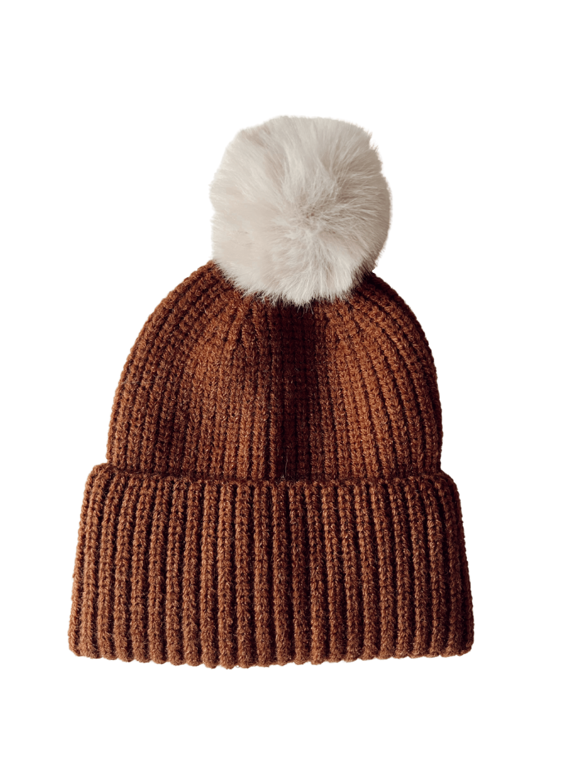 Brown knitted beanie hat with a fluffy white pom-pom on top, laid flat on a white background.
