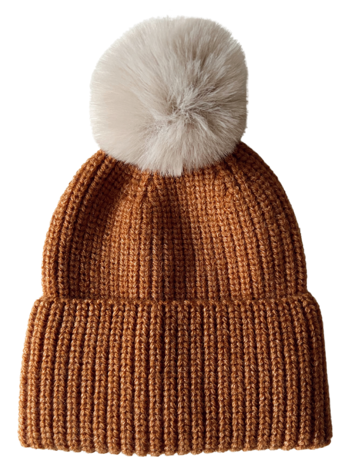 Brown knitted beanie with a fluffy cream pom-pom on top. Ideal for winter fashion.