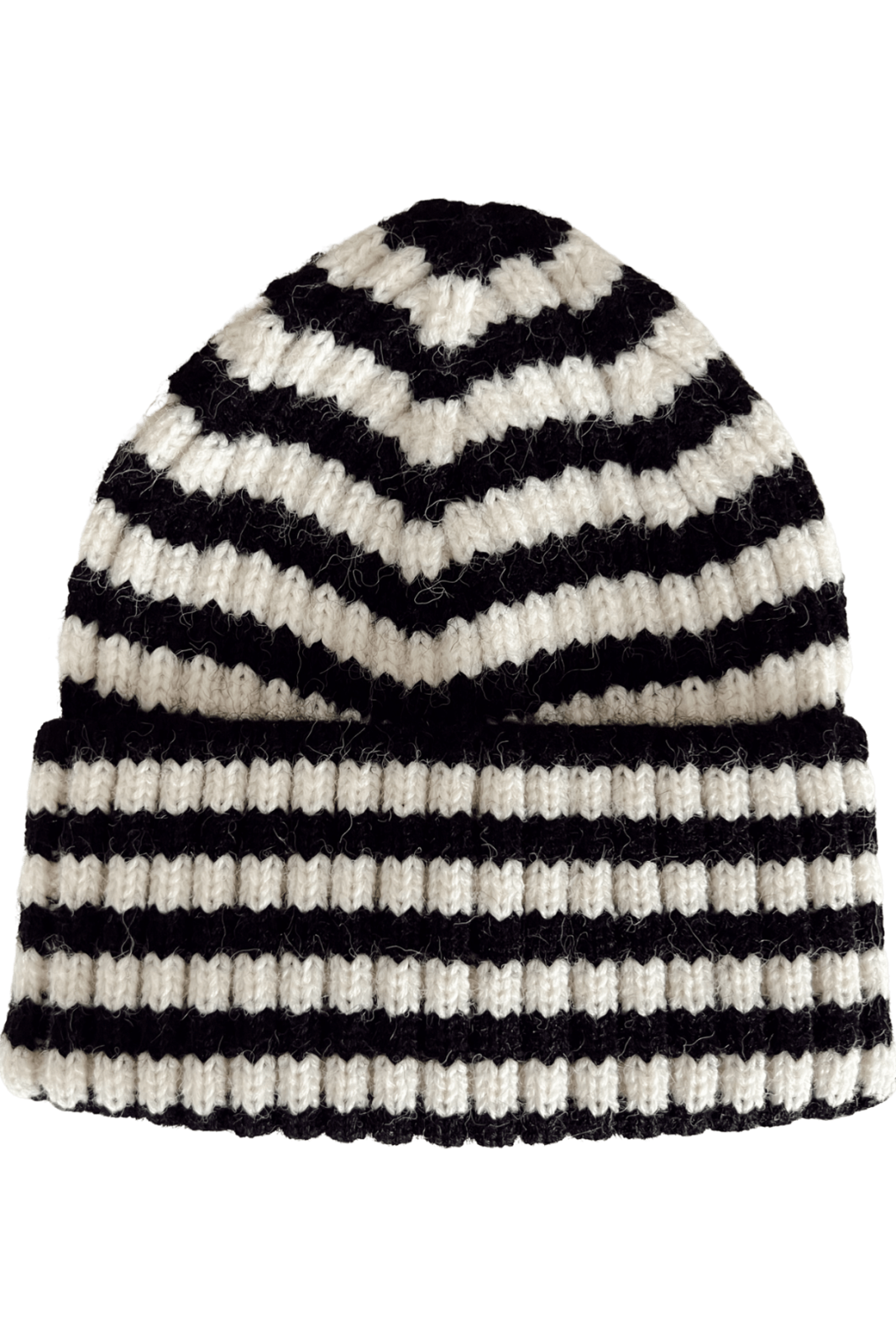 Black and white striped knit beanie with a ribbed cuff, showing a zigzag pattern on the top.