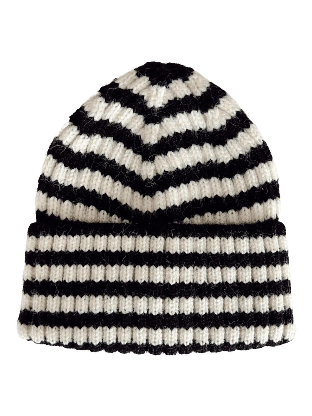 Black and white striped knit beanie with a ribbed cuff, showing a zigzag pattern on the top.