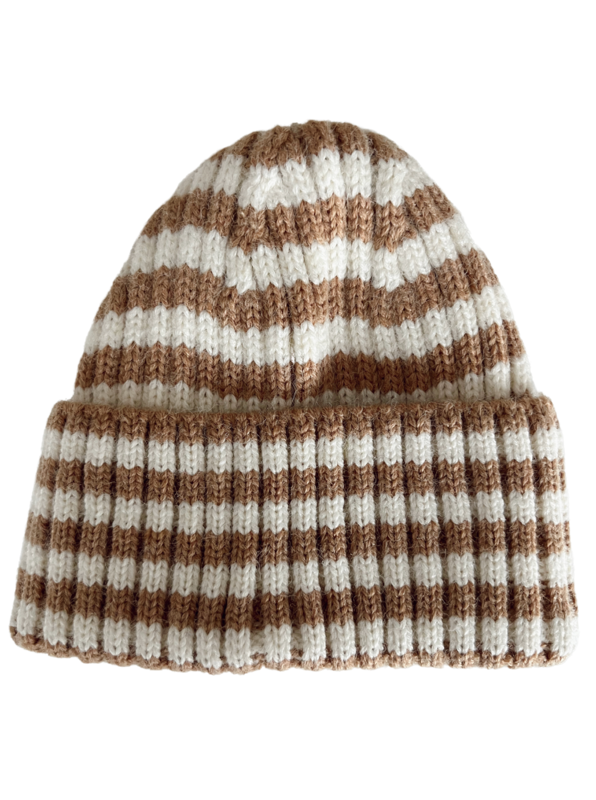 Striped knit beanie in brown and white, featuring a folded ribbed brim.