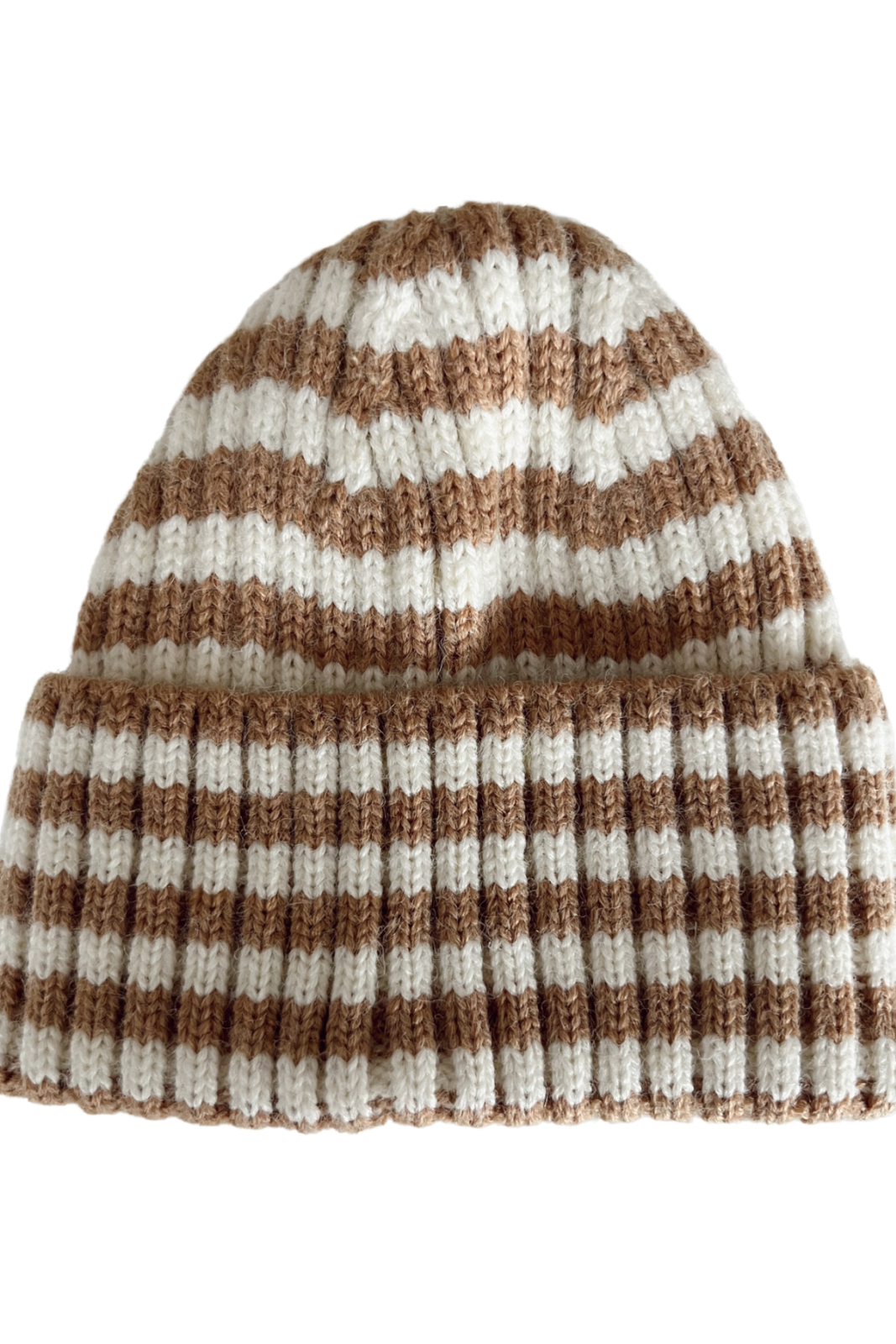 Striped knit beanie in brown and white, featuring a folded ribbed brim.