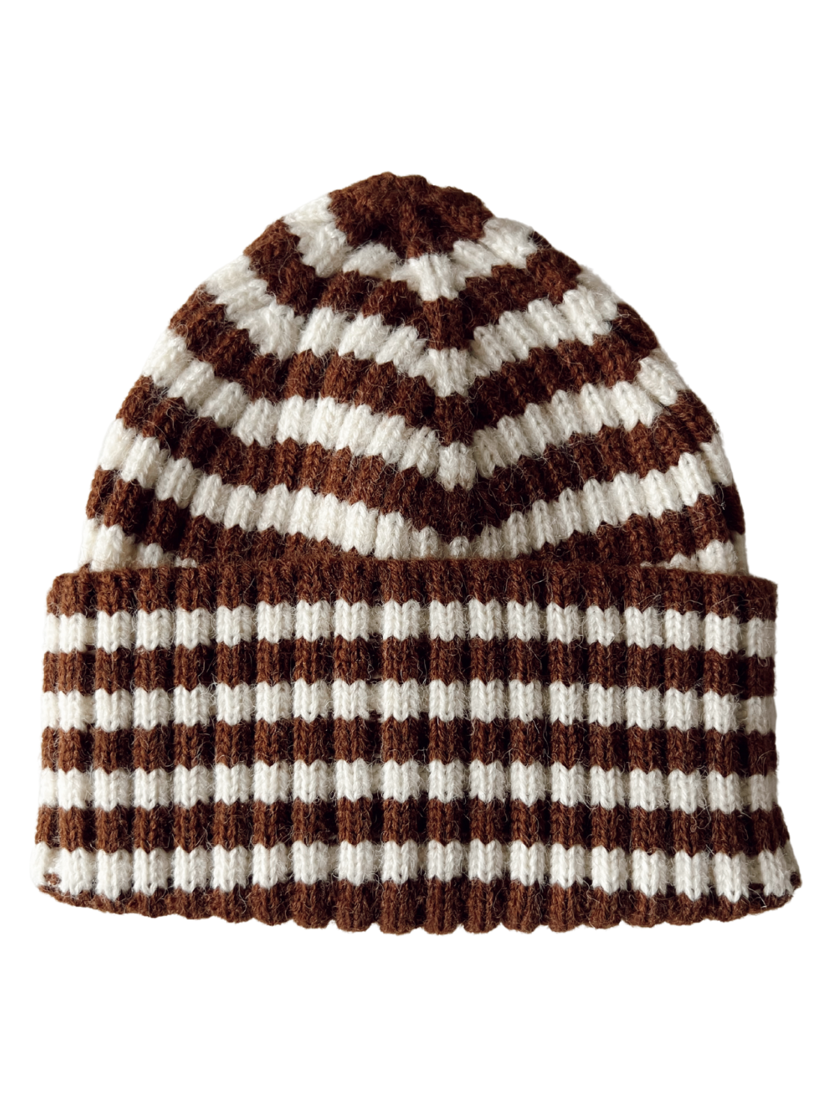 Striped brown and white knit beanie with a folded ribbed brim.