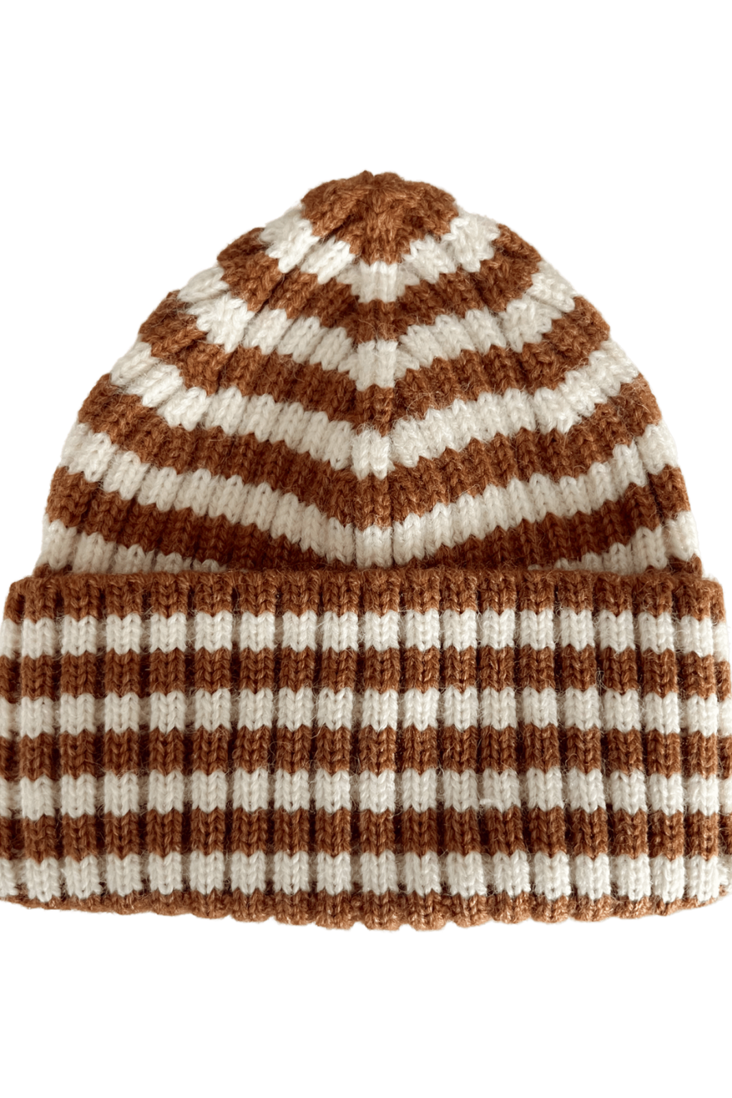 Brown and cream striped knit beanie hat, featuring alternating wide and narrow stripes.