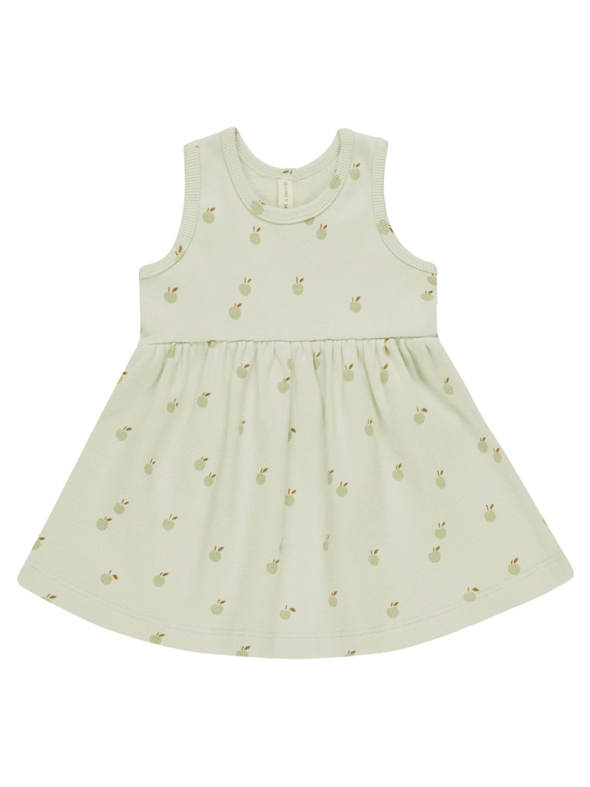 Light green dress with apple print, sleeveless design and flared skirt, suitable for toddlers.