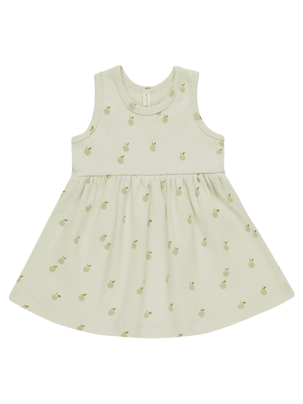 Light green dress with apple print, sleeveless design and flared skirt, suitable for toddlers.
