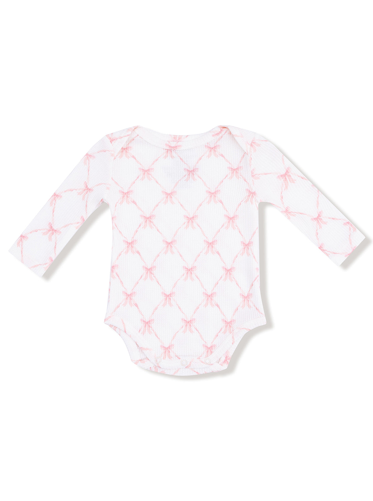 White long-sleeve baby bodysuit with a pink bow pattern, shown from the back.