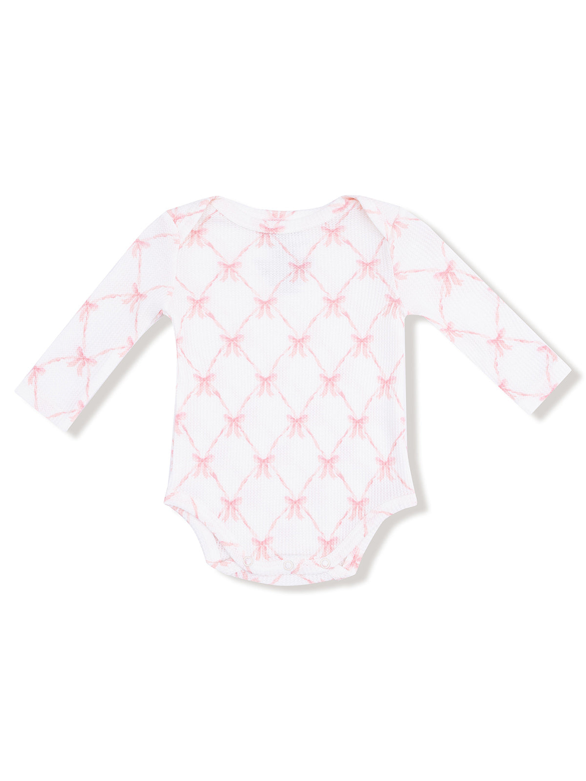 White long-sleeve baby bodysuit with a pink bow pattern, shown from the back.