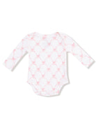 White long-sleeve baby bodysuit with a pink bow pattern, shown from the back.