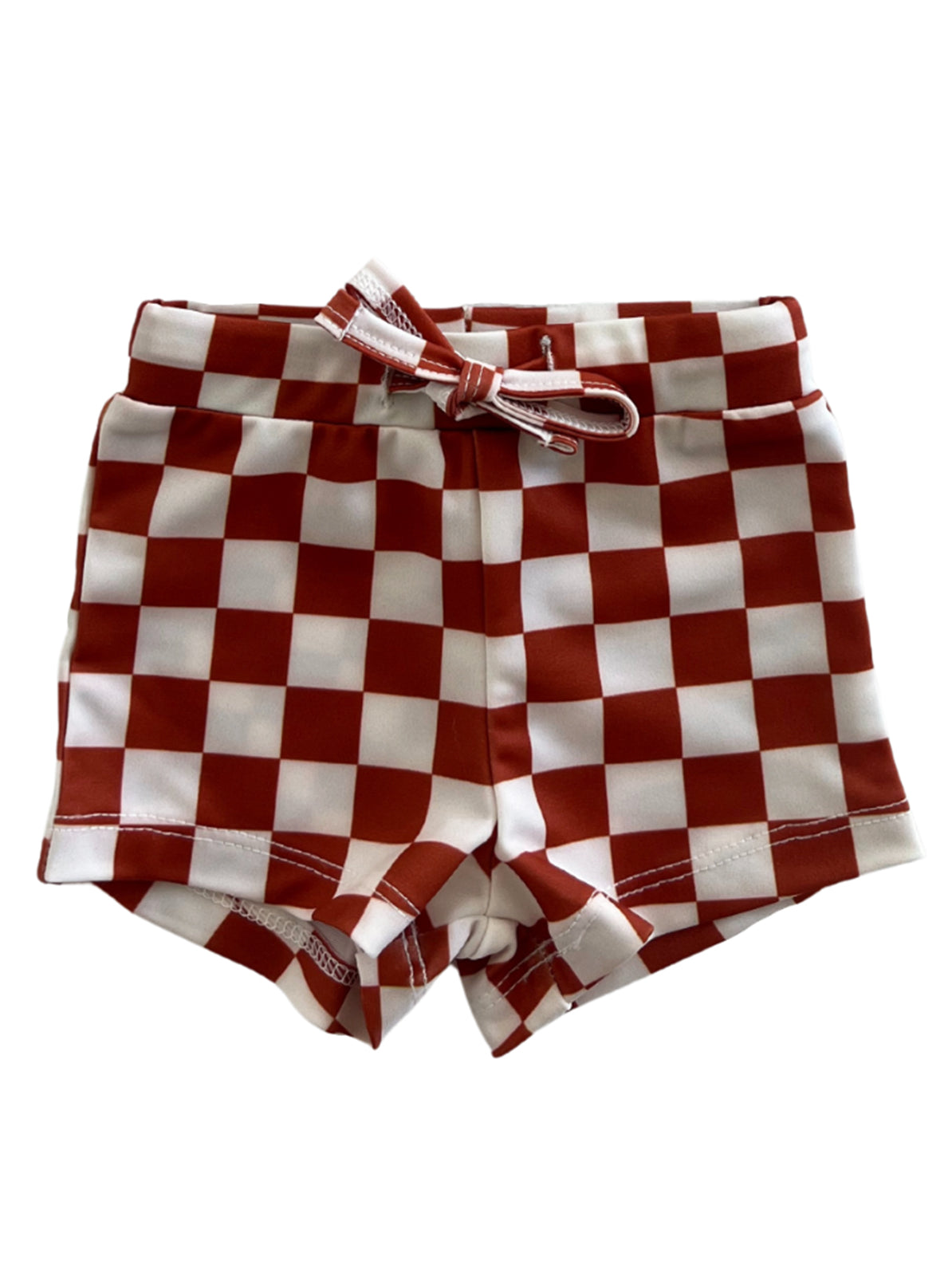 Red and white checkered shorts with a waist tie, perfect for casual summer wear.