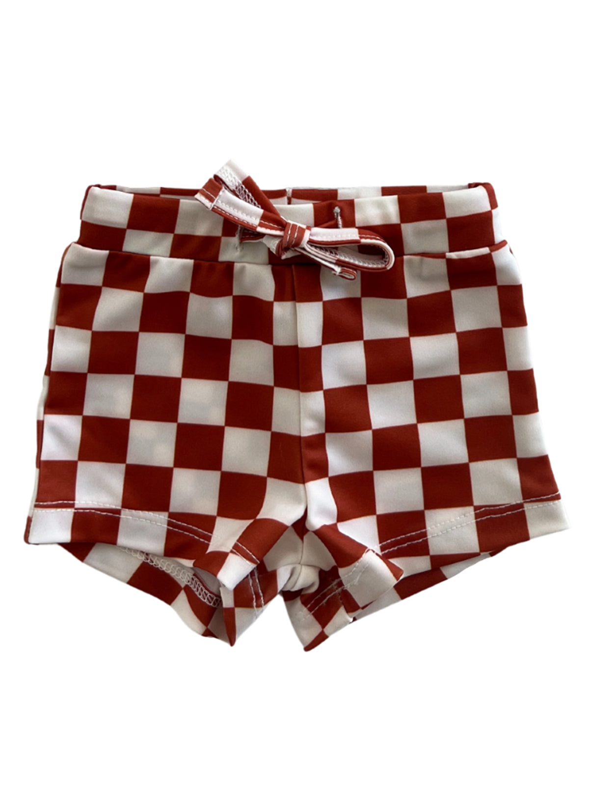 Red and white checkered shorts with a waist tie, perfect for casual summer wear.