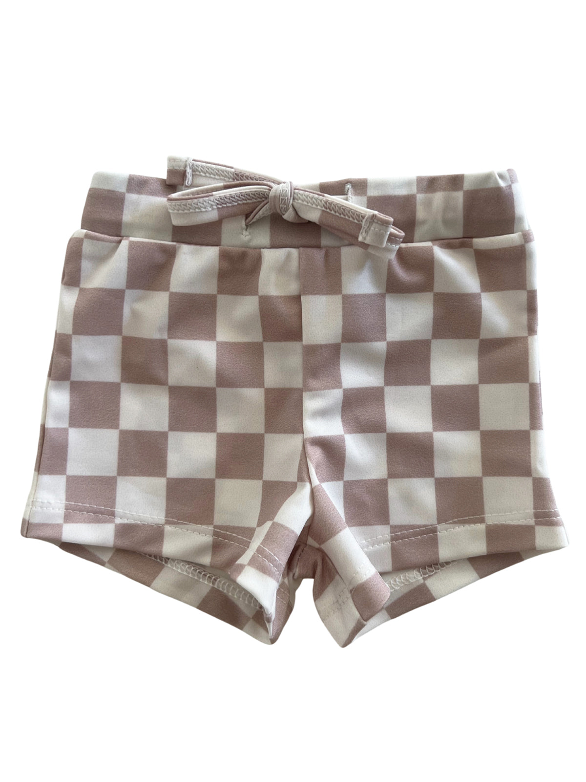 Pink and white checked swim shorts with a drawstring waistband.