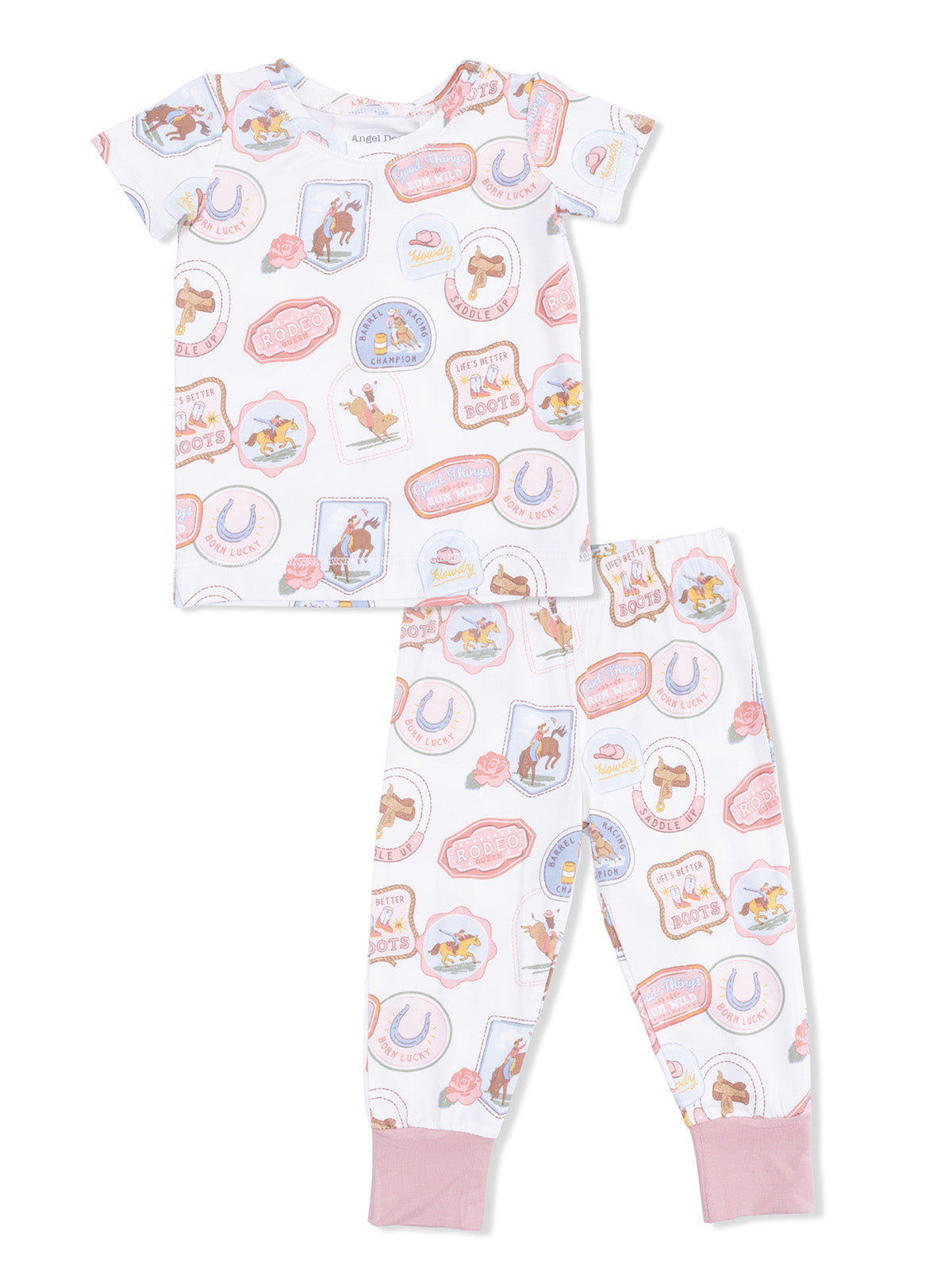 Children's pajama set featuring playful rodeo-themed prints in pastel colors. Short-sleeve top and long pants design.