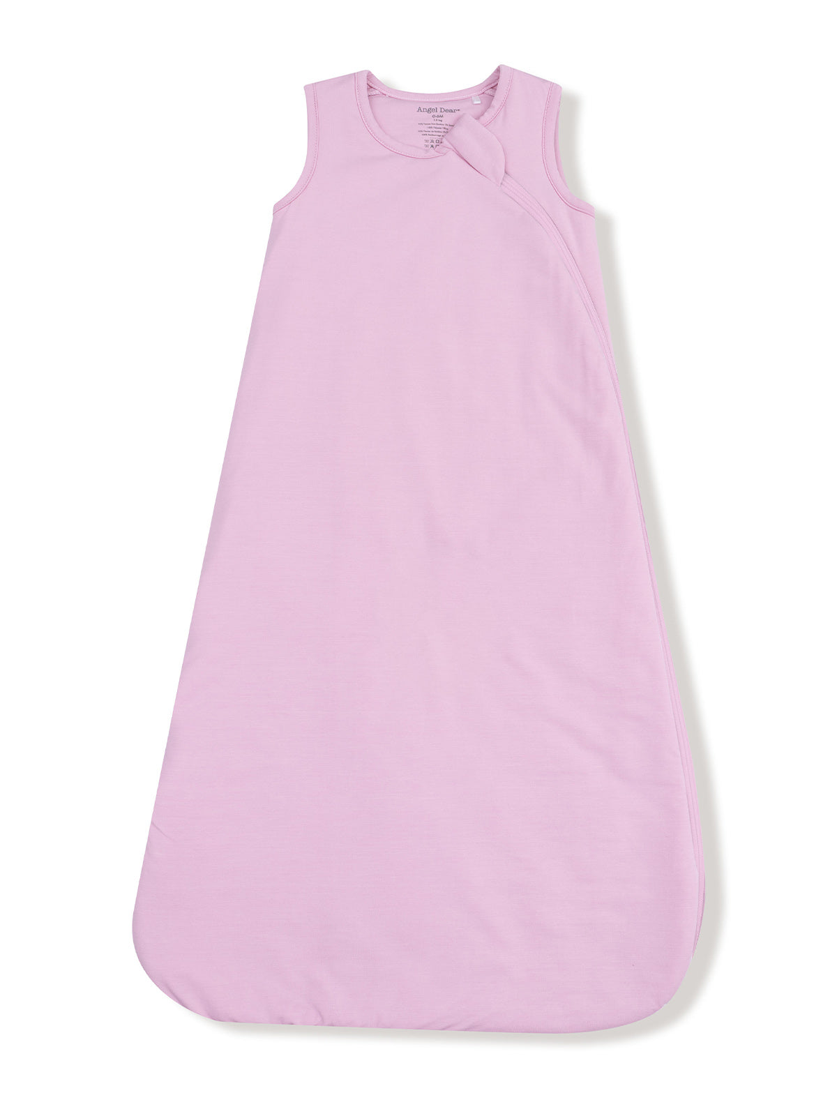 Light pink sleeveless baby sleep sack with a rounded bottom and side snap closure.
