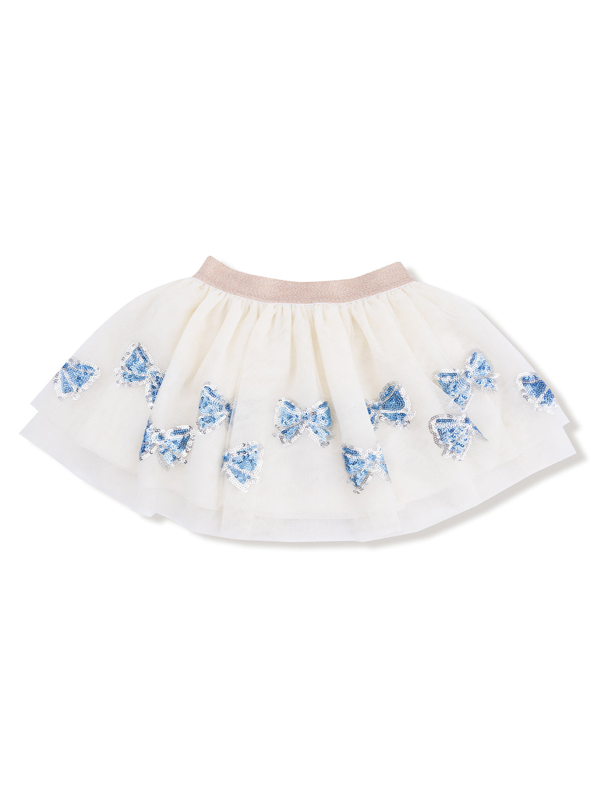 White tulle skirt adorned with blue sequined bows and a pink waistband. Ideal for playful and stylish outfits.
