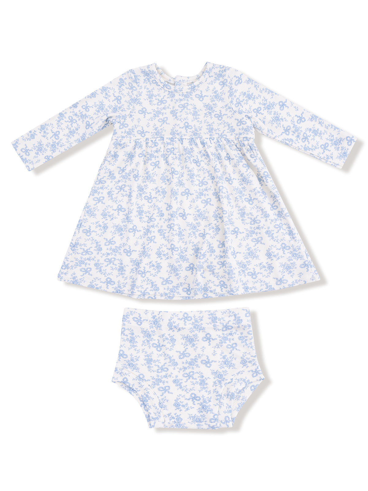 Blue floral long-sleeve dress and matching bloomers for infants on a white background.