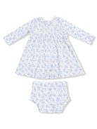 Blue floral long-sleeve dress and matching bloomers for infants on a white background.
